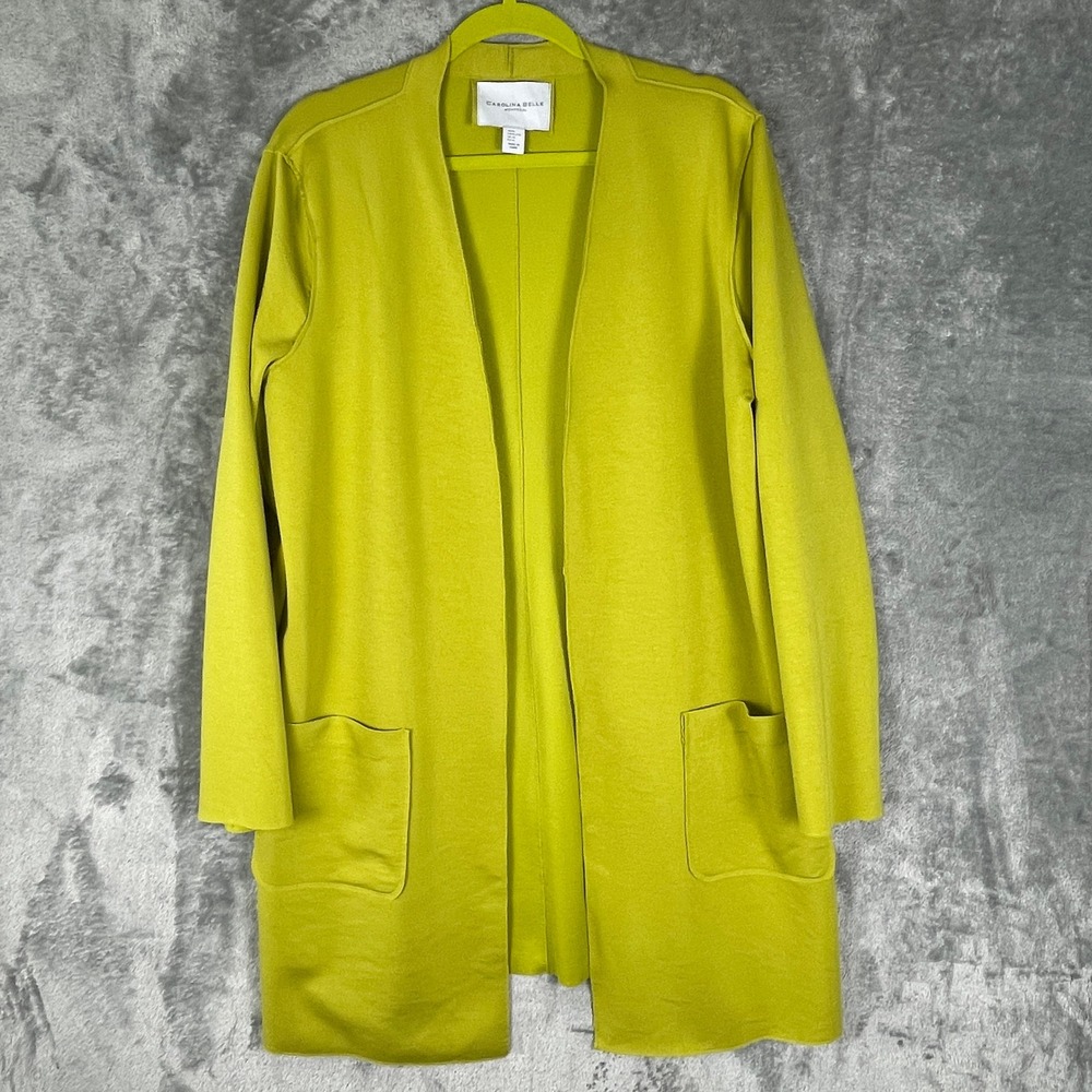 Carolina Belle Cardigan Women XL Chartreuse Green Open Front Longline Pockets
